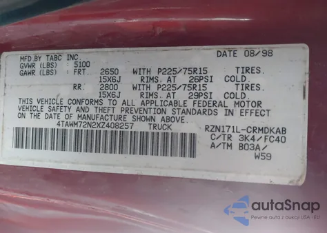 1999 Toyota Tacoma from USA, damaged, VIN 4TAWM72N2XZ408257